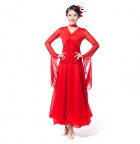 Black red White hot pink fuchsia long sleeves mesh v neck women's ladies female long length competition performance ballroom tango waltz dance dancing dresses outfits